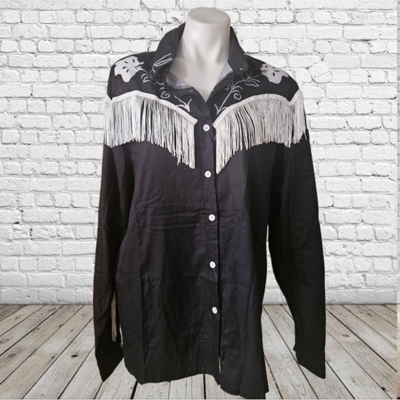 None Other - Black and White Fringe “Ken” Casual Button Down Shirt